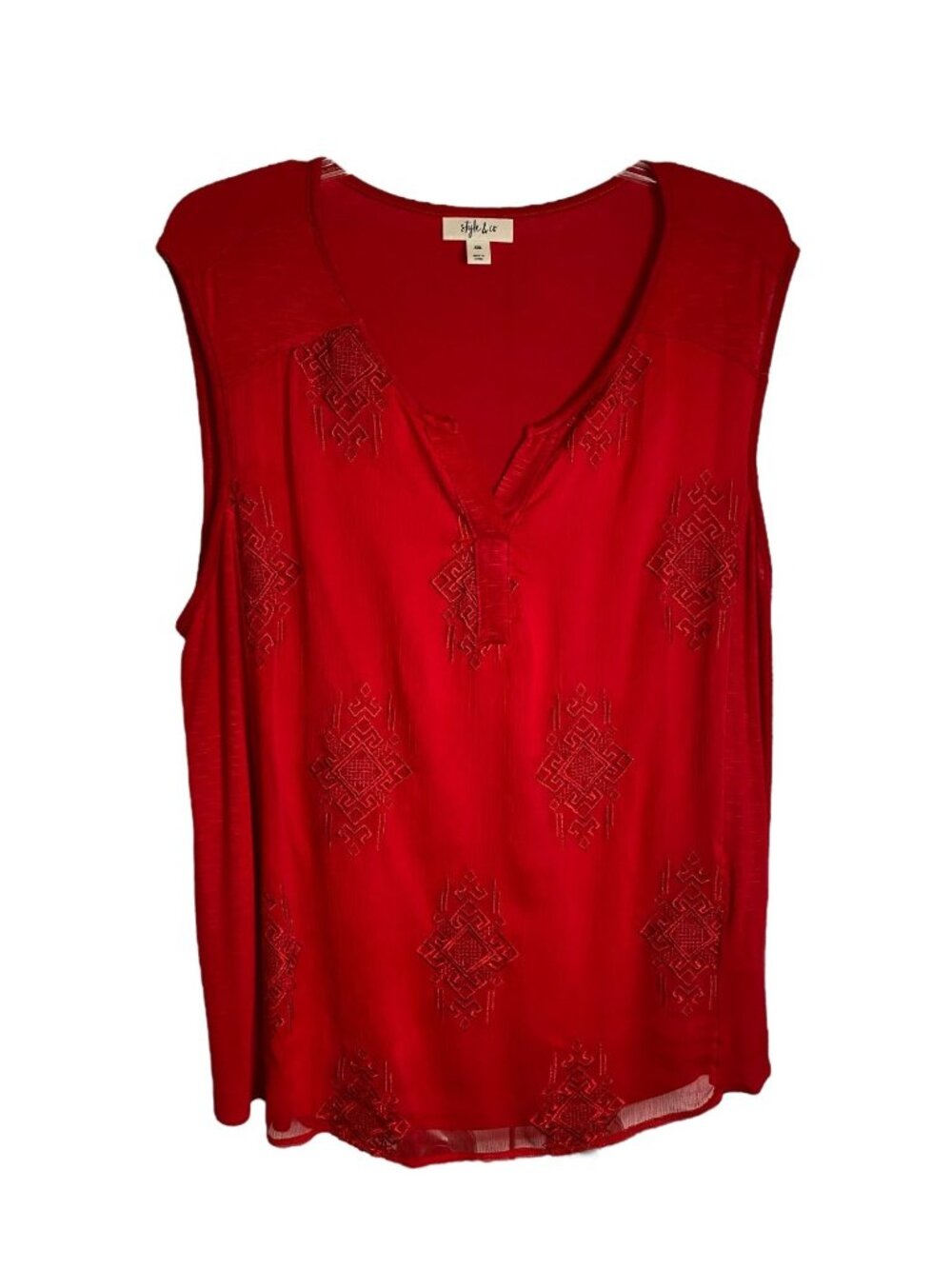 Style & Co XXL Red Sleeveless Mixed Media Embroidered V-Neck Top Boho Festival